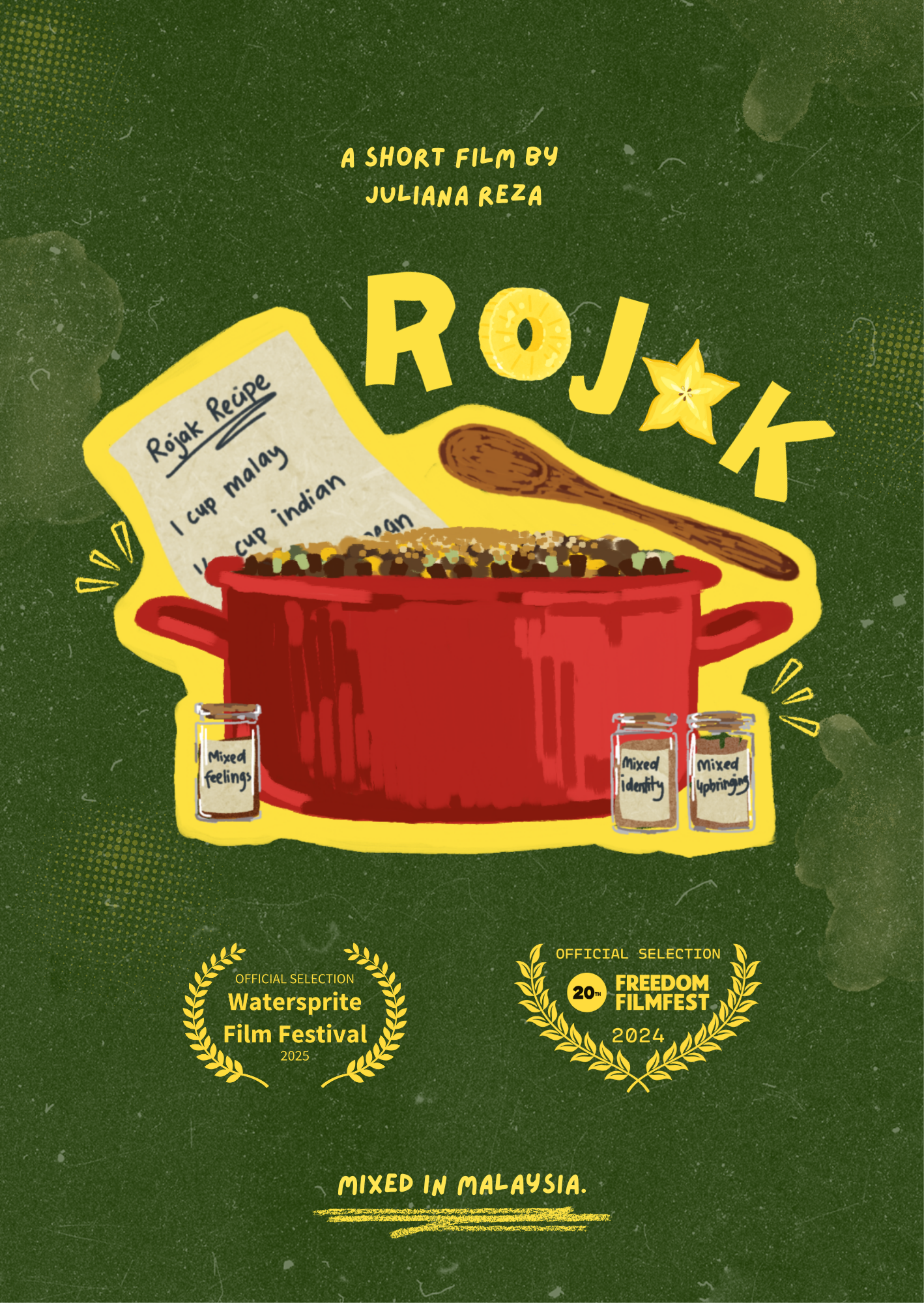 Rojak is a subtly experimental short film that delves into the inner world of a 14-year-old mixed-race girl named Rojak. Born to parents of differing faiths, a typical family get-together for talking about how dry the Christmas turkey was and what they will be wearing for Raya next year. Rojak lives at the crossroads of culture, religion, and identity. Her life unfolds in a religious country that, while multicultural itself, is laced with expectations and contradictions.The short takes viewers through a fragmented narrative that mirrors Rojak's inner turmoil. Through imagery and fleeting moments of quiet rebellion, we see Rojak wrestle with questions of belonging, faith, and self-expression. Blurring the line between reality and imagination that offers a glimpse at the struggles of growing up in a world that demands labels, but leaves little room for those who embody more than one. Rojak is a subtly experimental short film that delves into the inner world of a 14-year-old mixed-race girl named Rojak. Born to parents of differing faiths, a typical family get-together for talking about how dry the Christmas turkey was and what they will be wearing for Raya next year. Rojak lives at the crossroads of culture, religion, and identity. Her life unfolds in a religious country that, while multicultural itself, is laced with expectations and contradictions.The short takes viewers through a fragmented narrative that mirrors Rojak's inner turmoil. Through imagery and fleeting moments of quiet rebellion, we see Rojak wrestle with questions of belonging, faith, and self-expression. Blurring the line between reality and imagination that offers a glimpse at the struggles of growing up in a world that demands labels, but leaves little room for those who embody more than one.