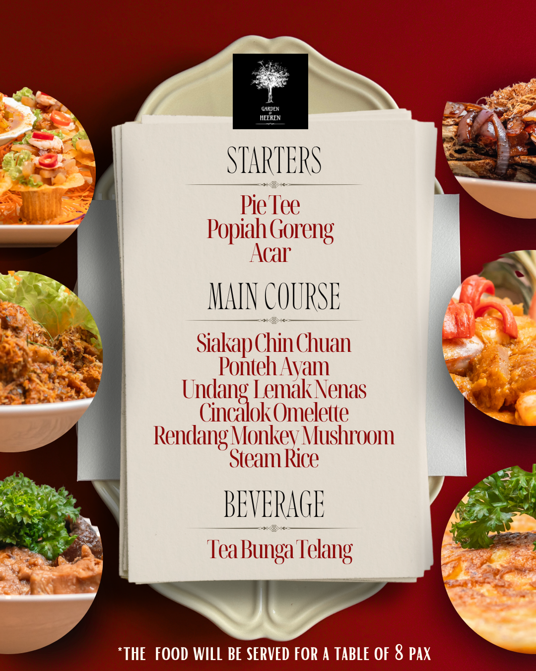The food will be served in a round table of 8 pax. We will determine you seats and your group prior to your arrival. Kindly make sure to purchase your tickets together to avoid splitting up.&nbsp;